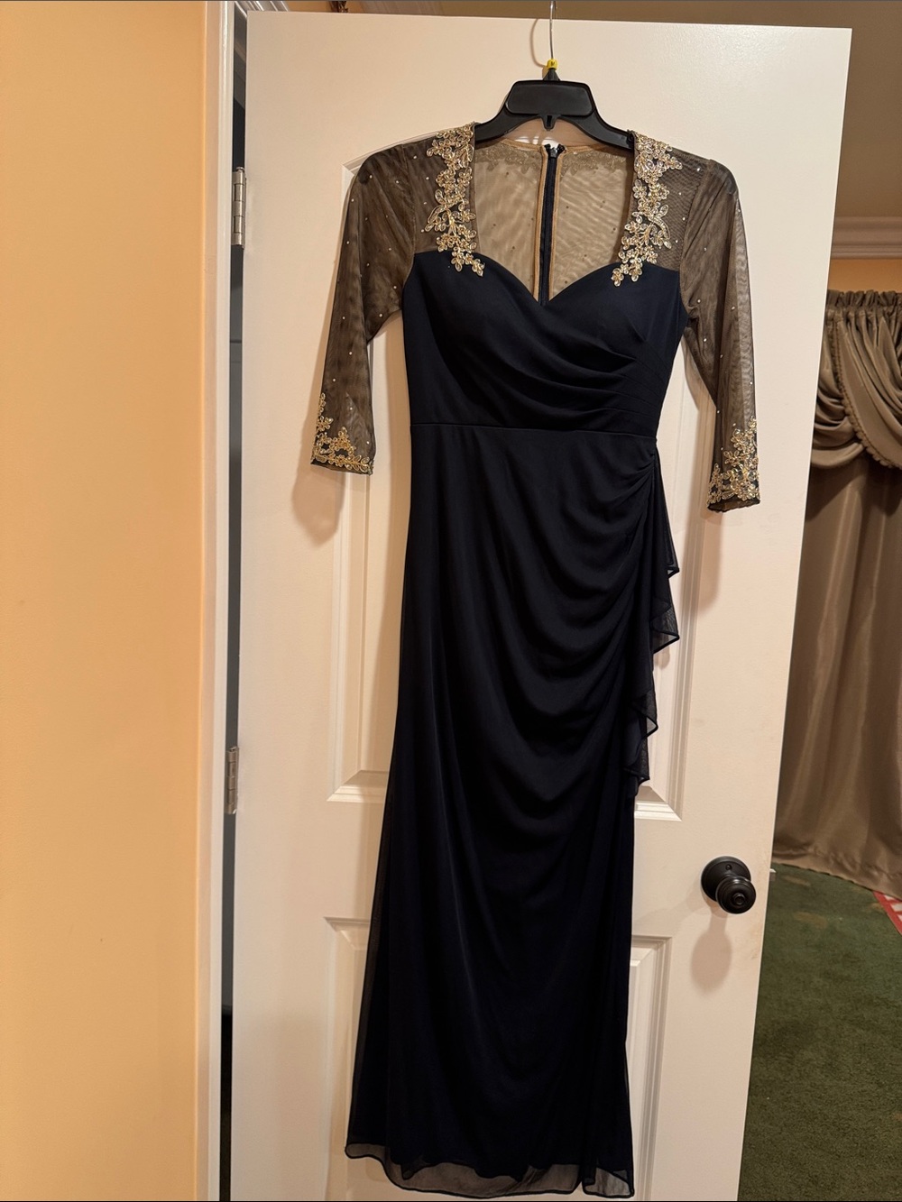 Xscape Blue Evening Gown with Gold Embroidered Illusion Sleeves